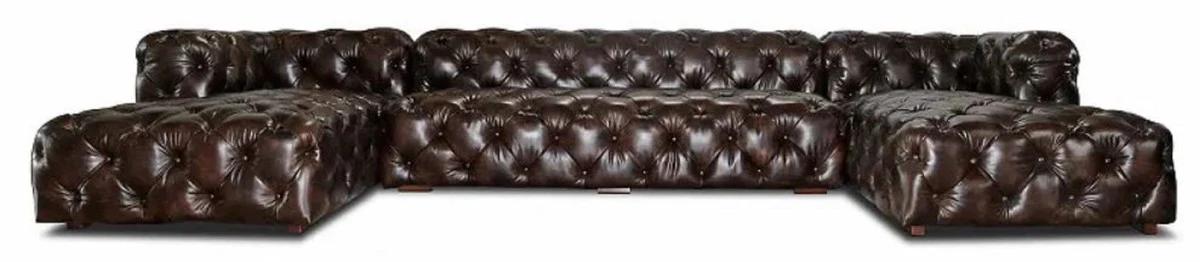 Luxus Chesterfield Leder U-Form Sofa Vintage Dunkelbraun 415 x 200 x H. 74 cm - 3-Teiliges Echtleder Wohnzimmer Sofa - Wohnzimmer Möbel - Chesterfield Möbel - Luxus Möbel