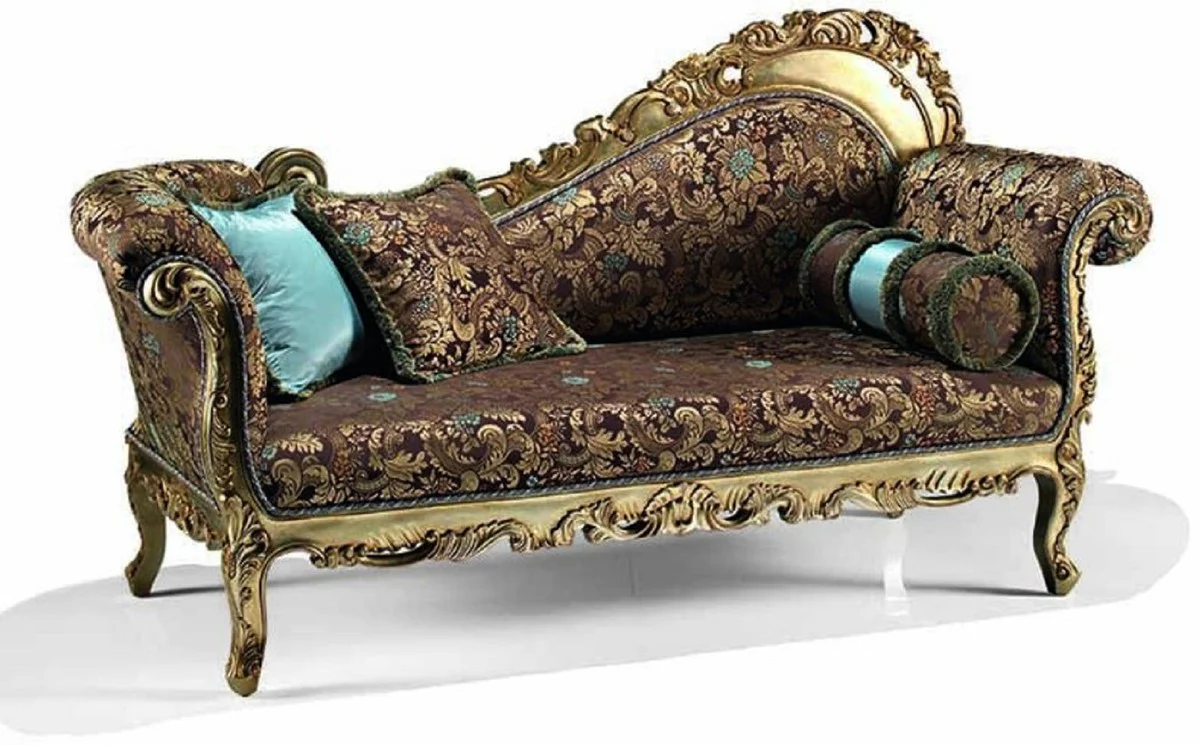 Luxus Barock Chaiselongue Braun / Türkis / Gold 196 cm - Made in Italy