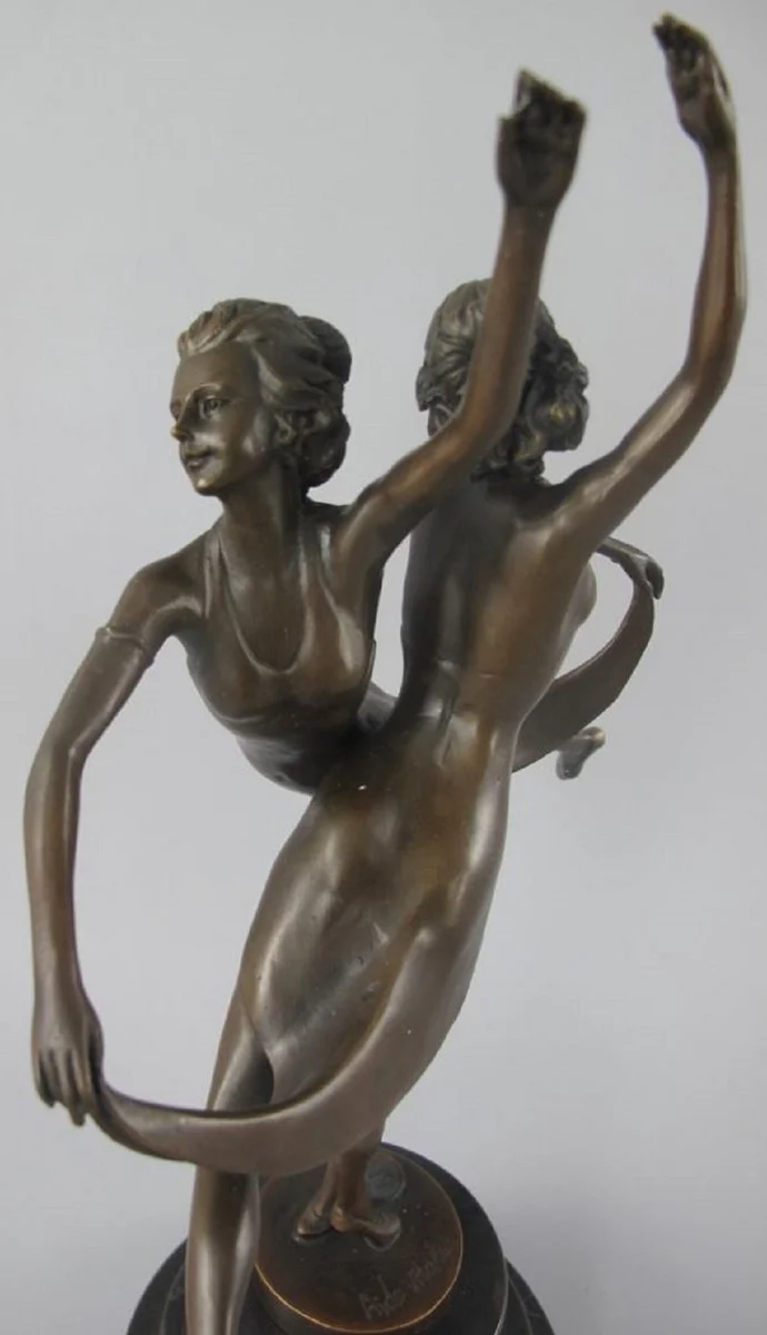 Luxus Jugendstil Bronze Skulptur Tänzerinnen mit Marmorsockel Bronzefarben / Schwarz 24 x 13 x H. 36 cm - Bronzefigur - Dekofigur - Deko Accessoires