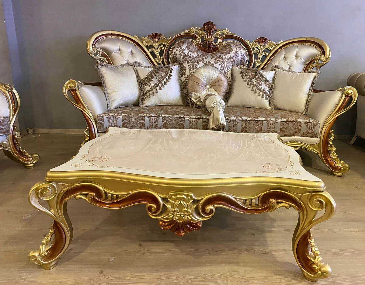 Luxus Barock Sofa Creme / Silber / Braun / Gold / Braun - Prunkvolles Wohnzimmer Sofa - Barockstil Wohnzimmer Möbel - Luxus Möbel im Barockstil - Prunkvolle Barock Möbel