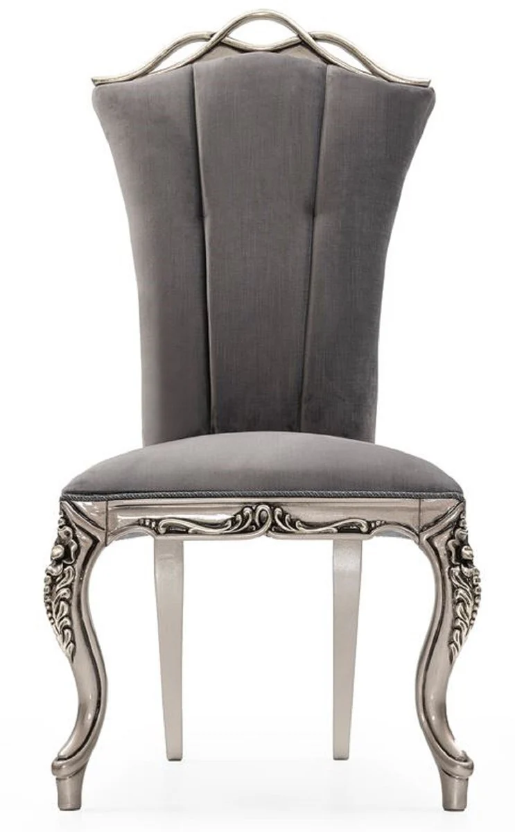Luxus Barock Esszimmer Set Grau / Silber - 1 Barock Esstisch & 6 Barock Esszimmerstühle - Luxus Esszimmer Möbel im Barockstil - Prunkvolle Barock Esszimmer Möbel