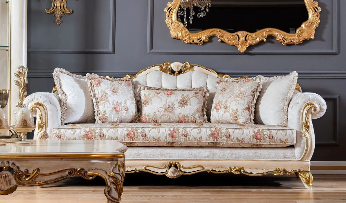 Luxus Barock Sofa Weiß / Beige / Gold - Prunkvolles Wohnzimmer Sofa mit Blumenmuster - Barock Wohnzimmer Möbel
