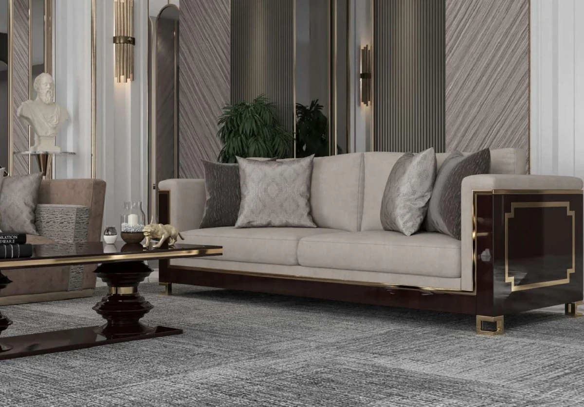 Luxus Art Deco Sofa Hellgrau / Dunkelbraun Hochglanz / Gold - Handgefertigtes Massivholz Wohnzimmer Sofa mit edlem Samtsoff - Luxus Qualität - Art Deco Möbel