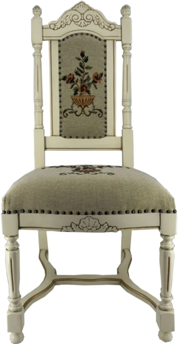 Luxus Barock Esszimmer Stuhl Grau / Creme / Gold - Barock Esszimmer Möbel