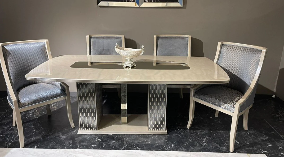 Luxus Art Deco Esszimmer Set Hellblau / Creme / Gold - 1 Art Deco Esstisch & 6 Art Deco Esszimmerstühle - Esszimmer Möbel - Art Deco Möbel - Luxus Möbel - Art Deco Einrichtung