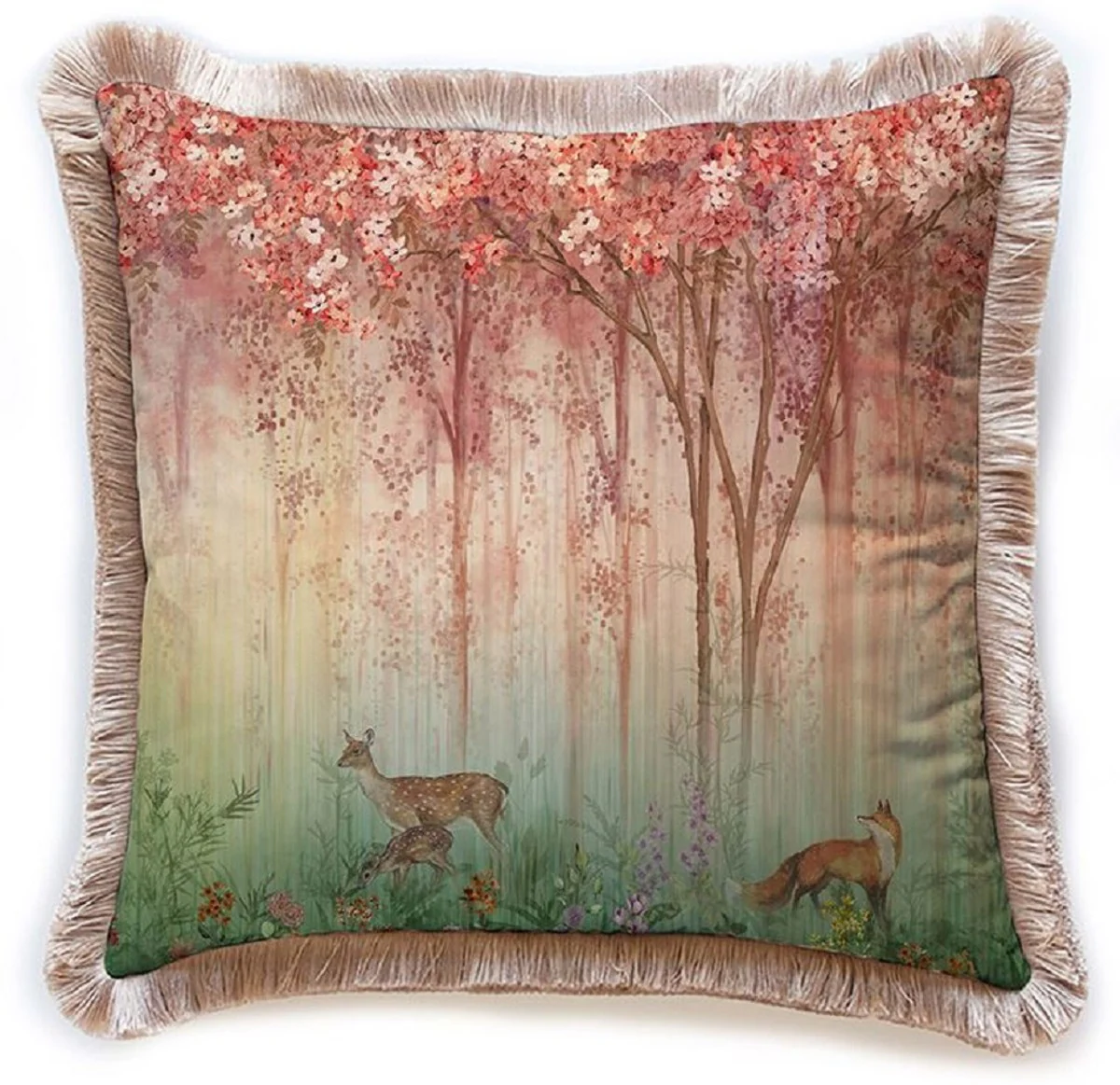 Luxus Deko Kissen Wald & Tiere Mehrfarbig / Braun 45 x 45 cm - Bedrucktes Samt Kissen mit Fransen - Luxus Deko Accessoires