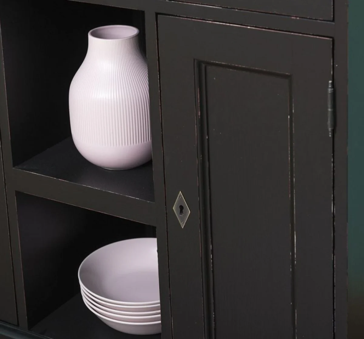 Landhausstil Schrank Antik Schwarz 97 x 40 x H. 210 cm - Massivholz Regalschrank mit 2 Türen und 6 Schubladen - Möbel im Landhausstil