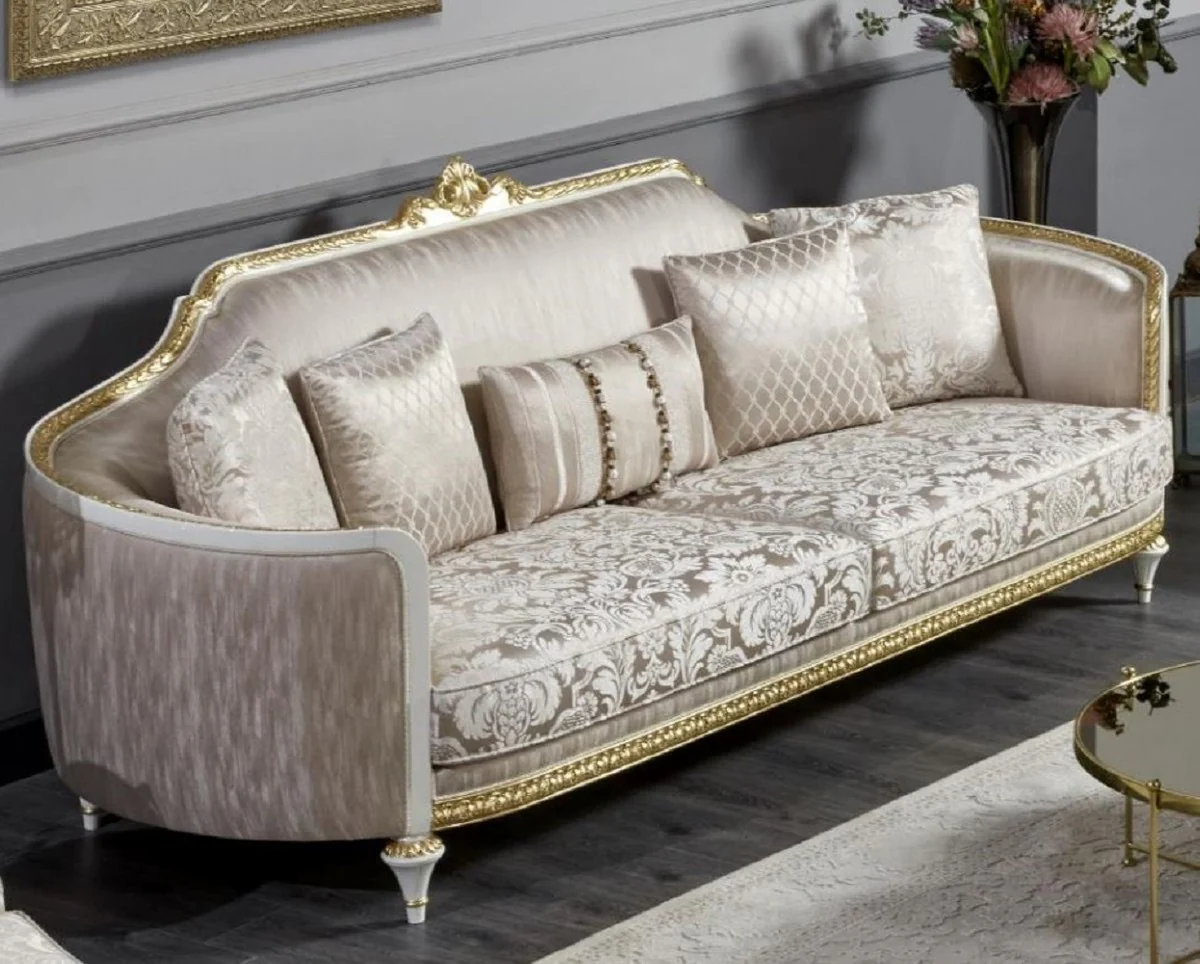 Luxus Barock Sofa Gold / Weiß / Gold - Prunkvolles Wohnzimmer Sofa - Barockstil Wohnzimmer Möbel - Luxus Möbel im Barockstil - Barock Einrichtung - Edel & Prunkvoll