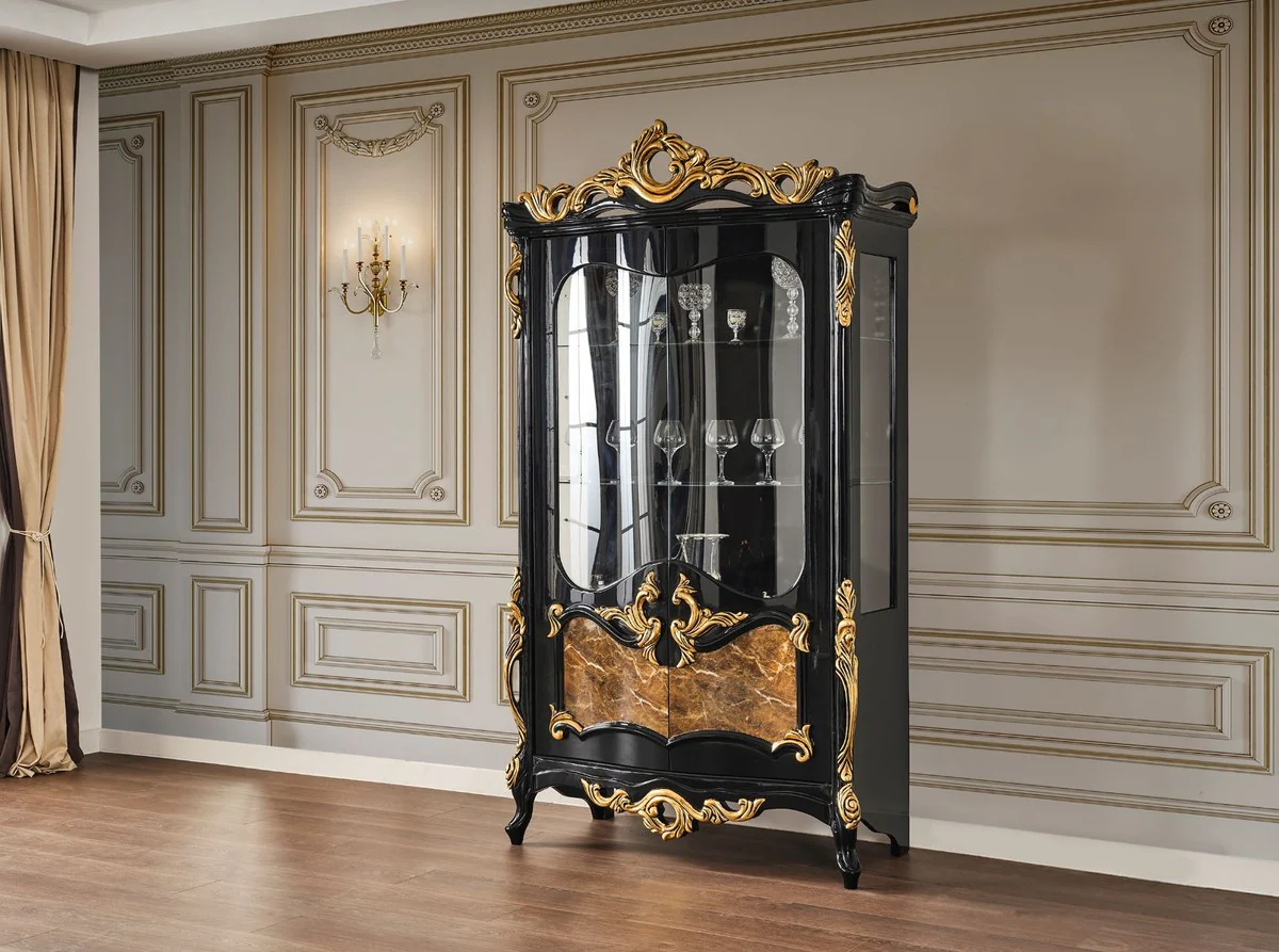 Luxus Barock Vitrine Schwarz / Braun / Gold 156 x 50 x H. 220 cm - Prunkvoller Massivholz Vitrinenschrank mit 2 Glastüren - Barock Möbel