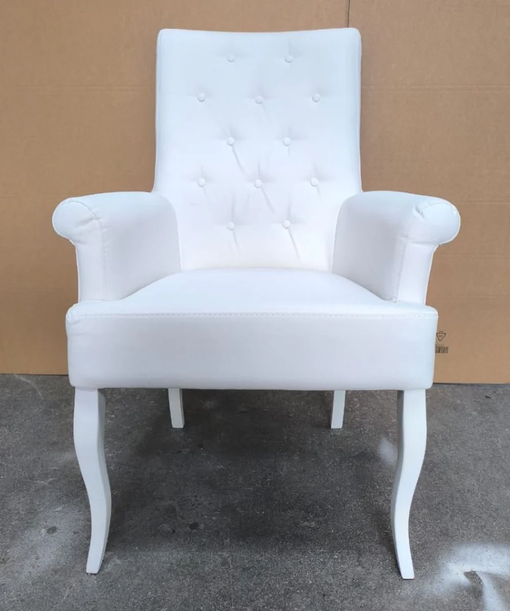 Chesterfield Neo Barock Kunstleder Esszimmerstuhl mit Armlehnen Weiß H. 103 cm