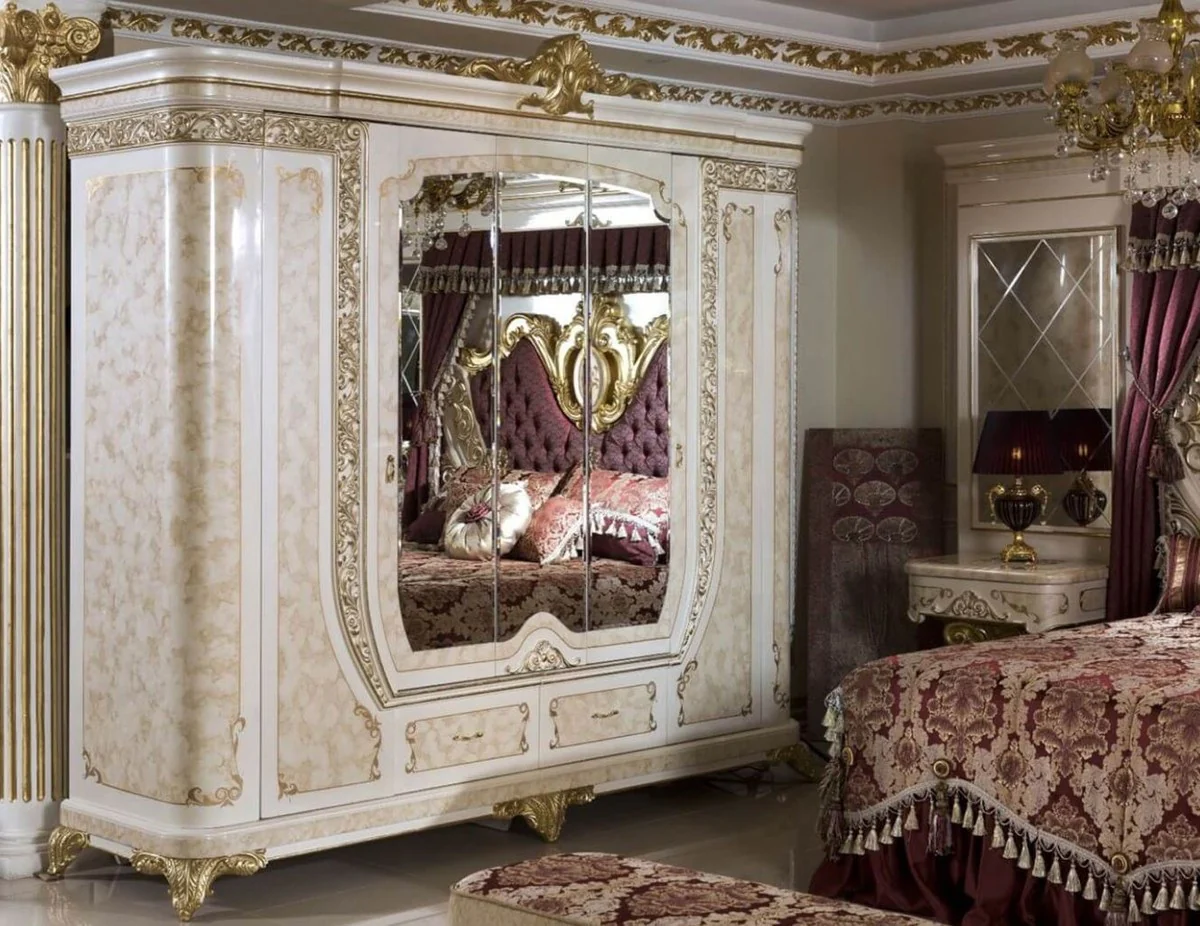 Luxus Barock Schlafzimmerschrank Weiß / Beige / Gold - Prunkvoller Massivholz Kleiderschrank im Barockstil - Barock Schlafzimmer & Hotel Möbel - Edel & Prunkvoll