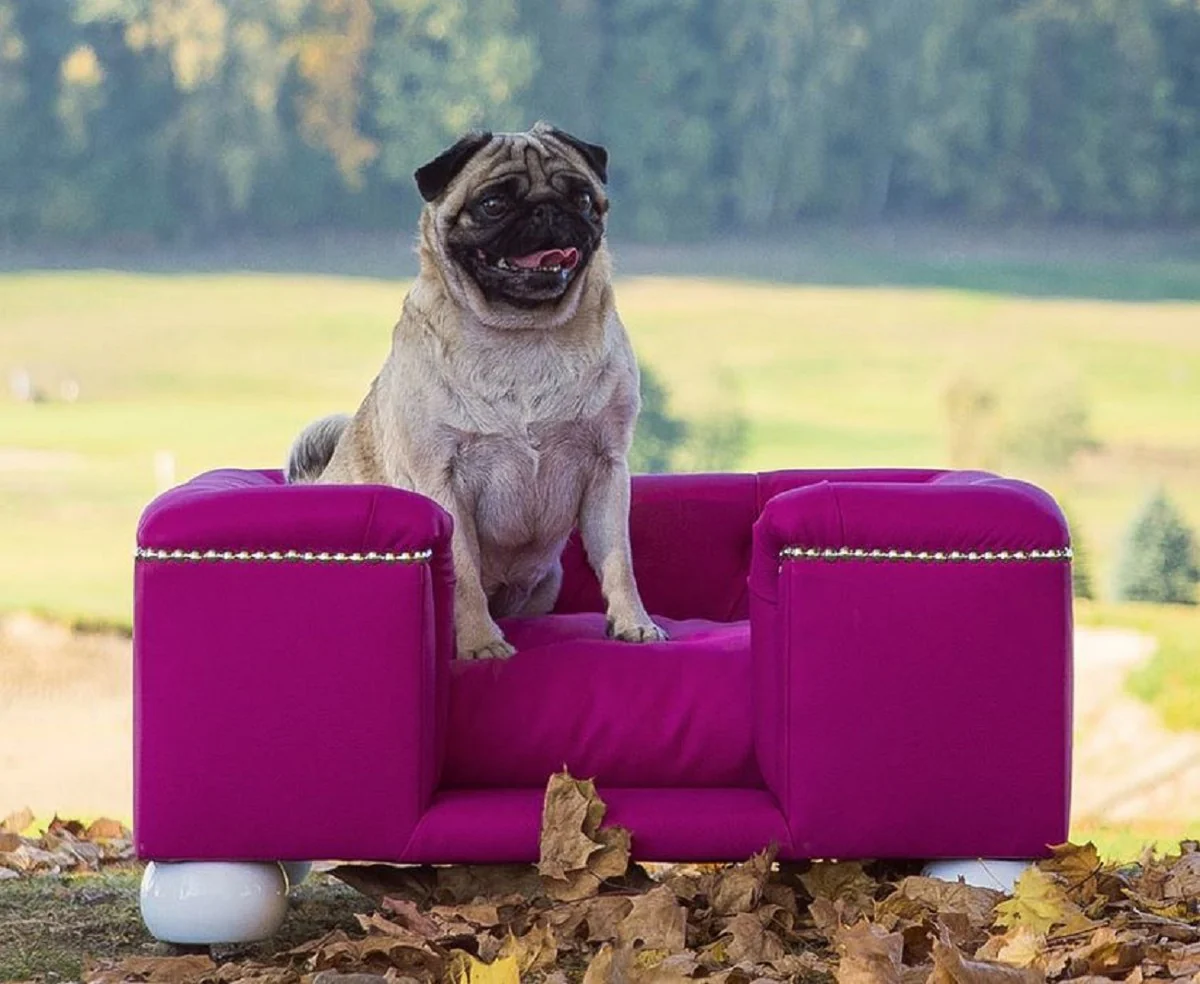 Luxus Hundebett Lila / Weiß / Lila 65 x 55 x H. 31 cm - Modernes Rechteckiges Hundebett mit Kissen - Luxus Hundemöbel - Luxus Tiermöbel