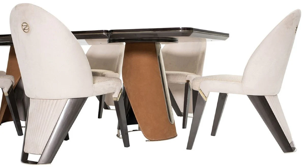 Luxus Esstisch Dunkelbraun / Grau / Hellbraun / Gold 240 x 113 x H. 79,5 cm - Massivholz Esszimmertisch mit Tischplatte in Marmoroptik - Esszimmer Möbel - Luxus Möbel