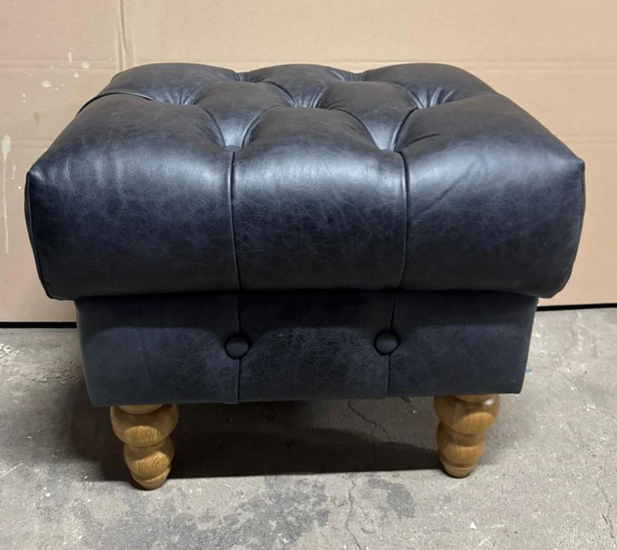 Luxus Chesterfield Leder Fußhocker Vintage Schwarz / Naturfarben