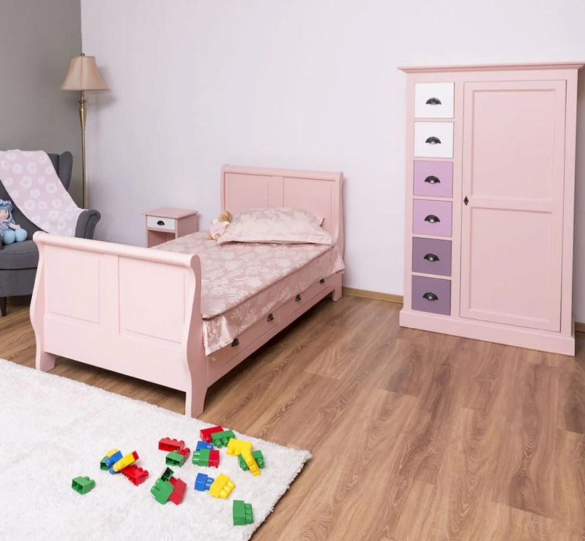 Landhausstil Massivholz Kinderzimmer Möbel Set Rosa / Weiß / Lila - 1 Einzelbett & 1 Kleiderschrank & 1 Nachttisch - Landhausstil Möbel