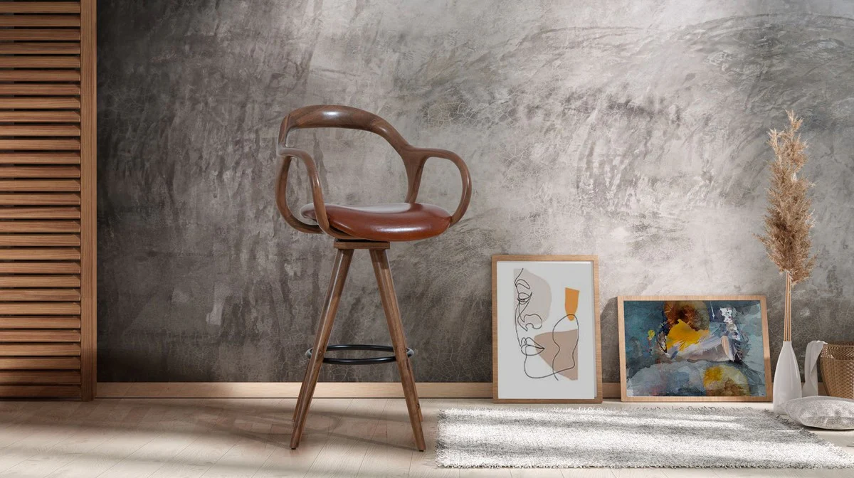 Luxus Barstuhl mit Armlehnen Braun / Schwarz H. 108 cm