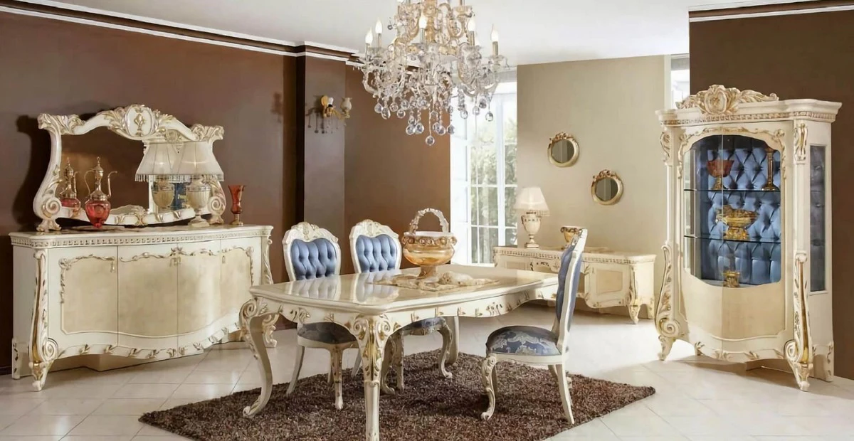 Luxus Barock Esszimmer Set Blau / Weiß / Gold - 1 Barock Esstisch & 6 Barock Esszimmerstühle - Barock Esszimmer Möbel - Luxus Möbel im Barockstil - Edel & Prunkvoll