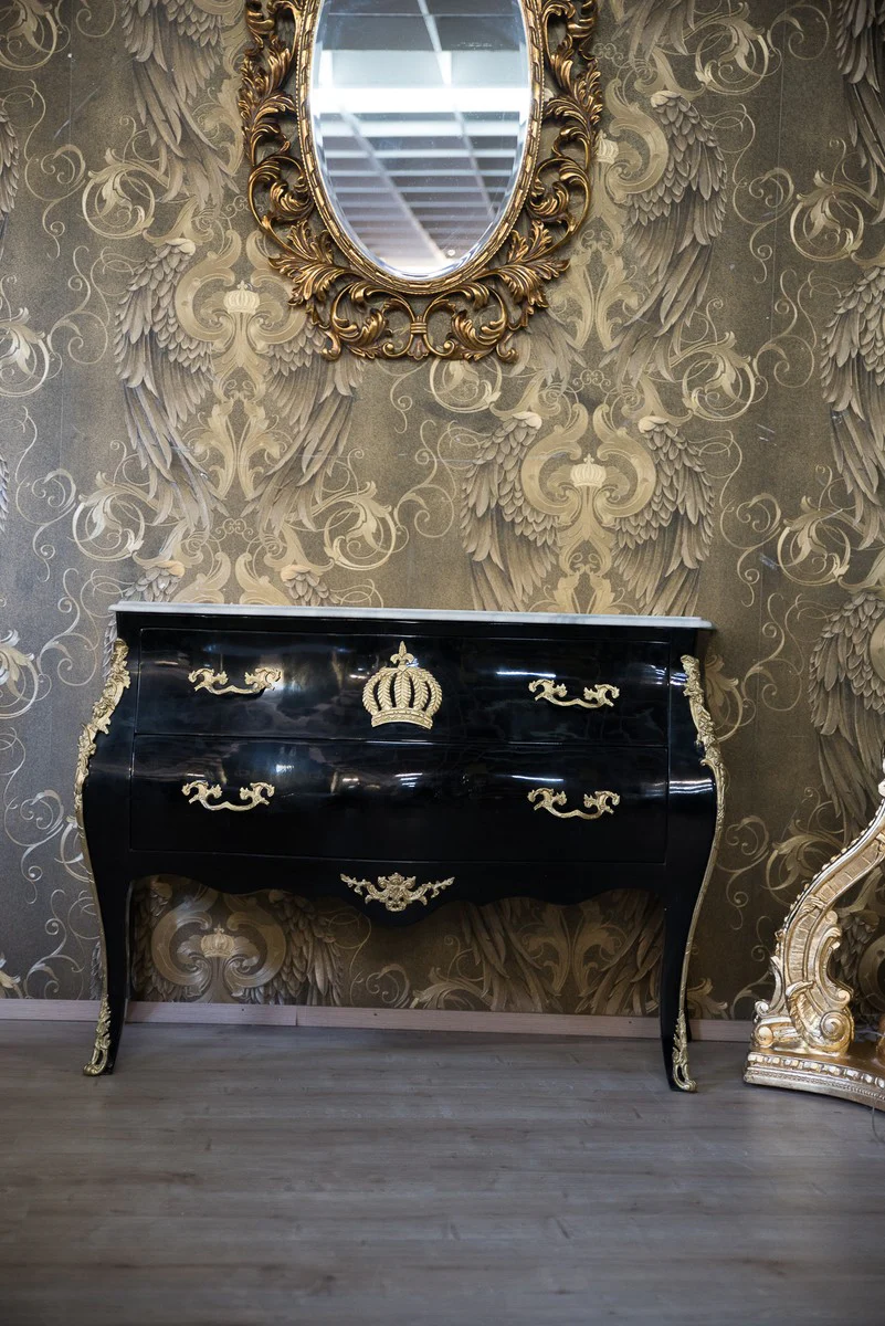 Pompöös by Barock Kommode mit 2 Schubladen und Marmorplatte Schwarz / Gold / Weiß - Pompööse Barock Kommode designed by Harald Glööckler