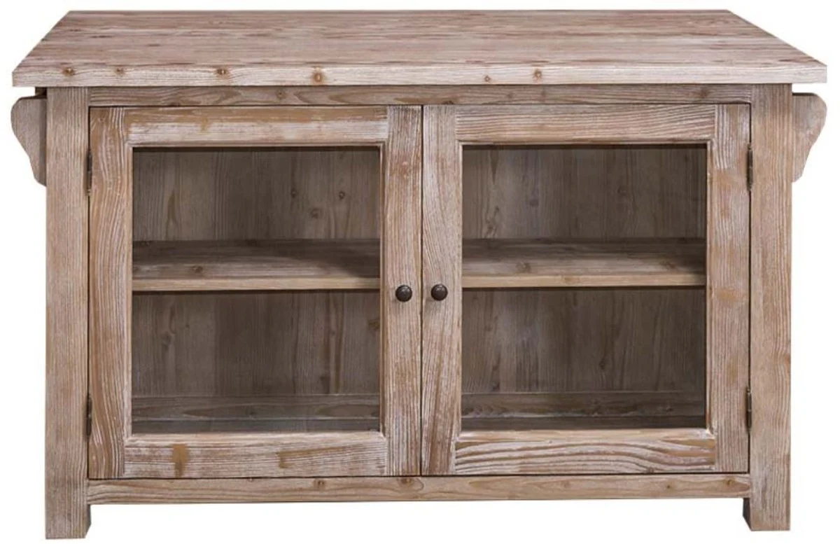 Landhausstil Kücheninsel Naturfarben 135 x 85 x H. 80 cm - Landhausstil Küchenschrank mit 2 Glastüren