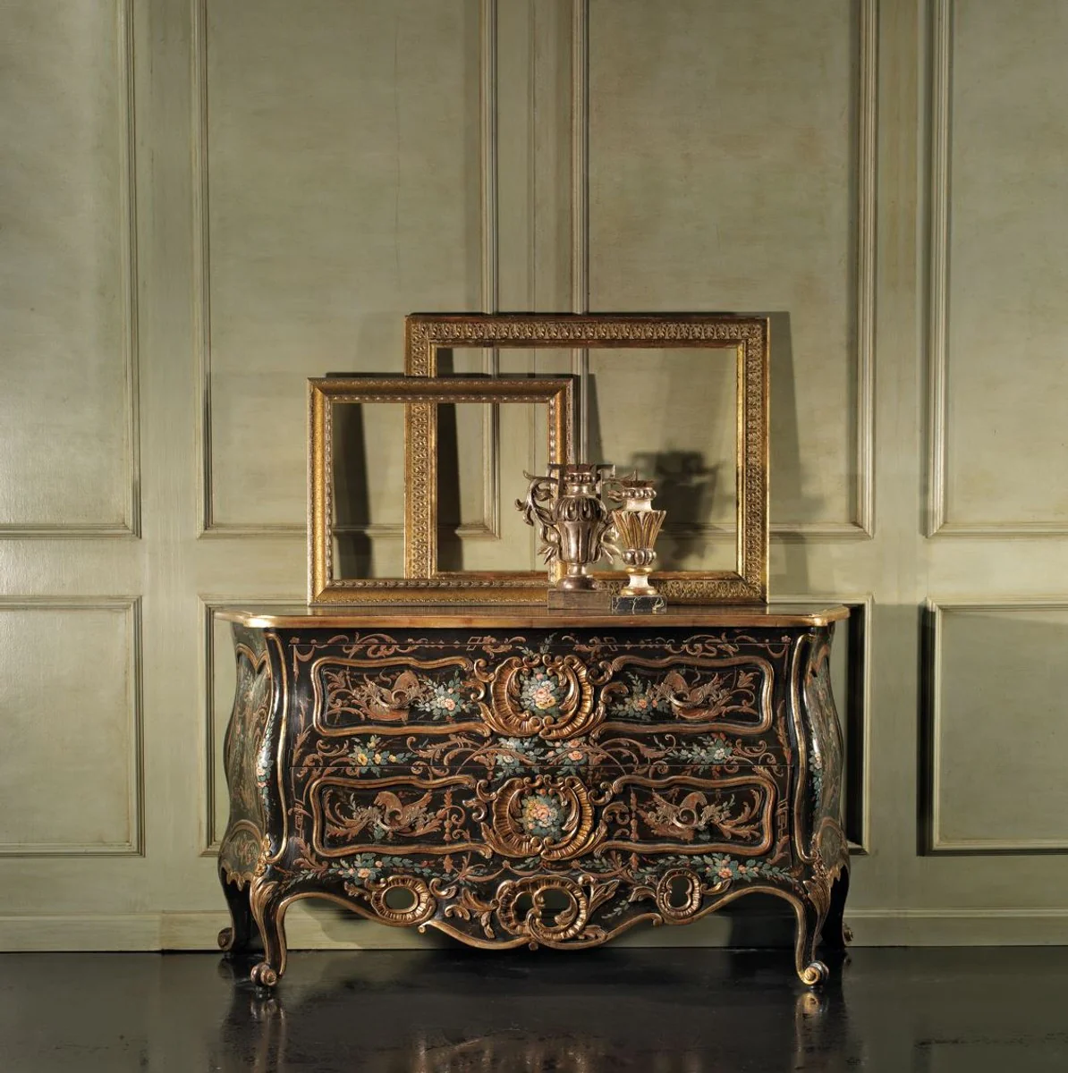 Luxus Barock Kommode Schwarz / Mehrfarbig / Antik Gold - Handgefertigte Massivholz Kommode mit 2 Schubladen - Luxus Schlafzimmer Möbel im Barockstil - Luxus Qualität - Made in Italy
