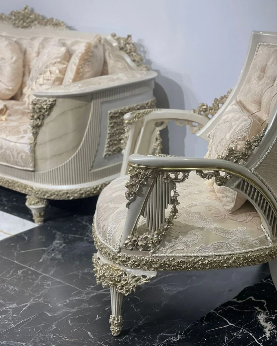 Luxus Barock Wohnzimmer Sofa mit Muster Gold / Grau / Gold - Handgefertigtes Barockstil Sofa - Luxus Wohnzimmer Möbel im Barockstil - Barock Möbel - Edel & Prunkvoll