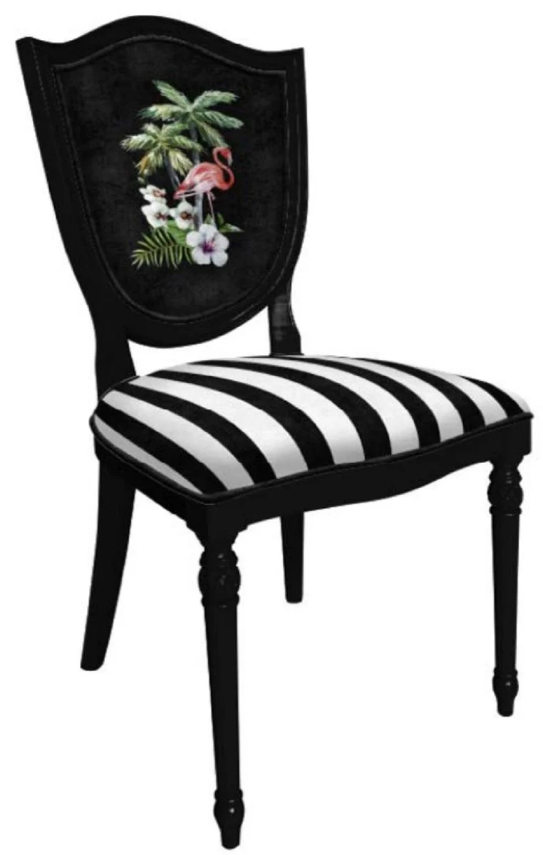 Art Deco Esszimmerstuhl Set Weiß / Mehrfarbig / Schwarz - 6 Handgefertigte Art Deco Küchen Stühle mit Design und Streifen - Art Deco Esszimmer Möbel