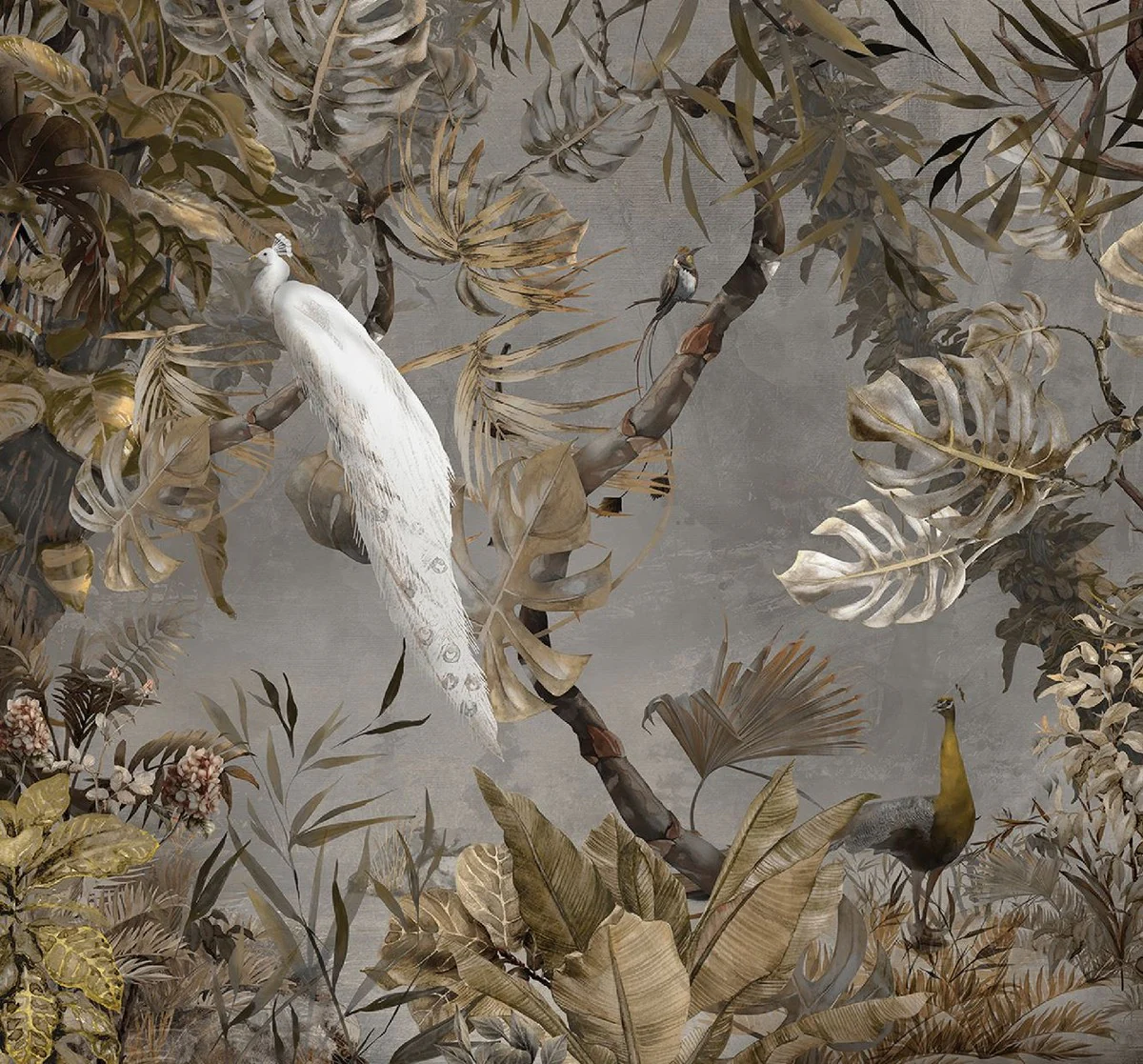 Luxus Vorhang Set Weißer Pfau im Wald Grau / Mehrfarbig 250 x H. 290 cm - Bedruckte Leinen & Samt Vorhänge - Ösenvorhänge - Schiebevorhänge - Luxus Wohnzimmer Vorhänge