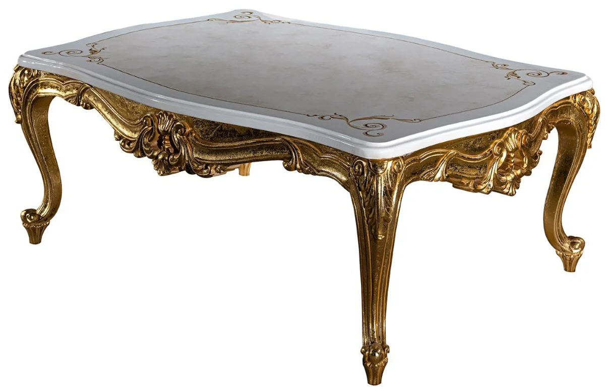 Luxus Barock Couchtisch Weiß / Beige / Gold 120 x 85 x H. 49 cm - Edler Massivholz Wohnzimmertisch im Barockstil - Prunkvolle Barock Möbel