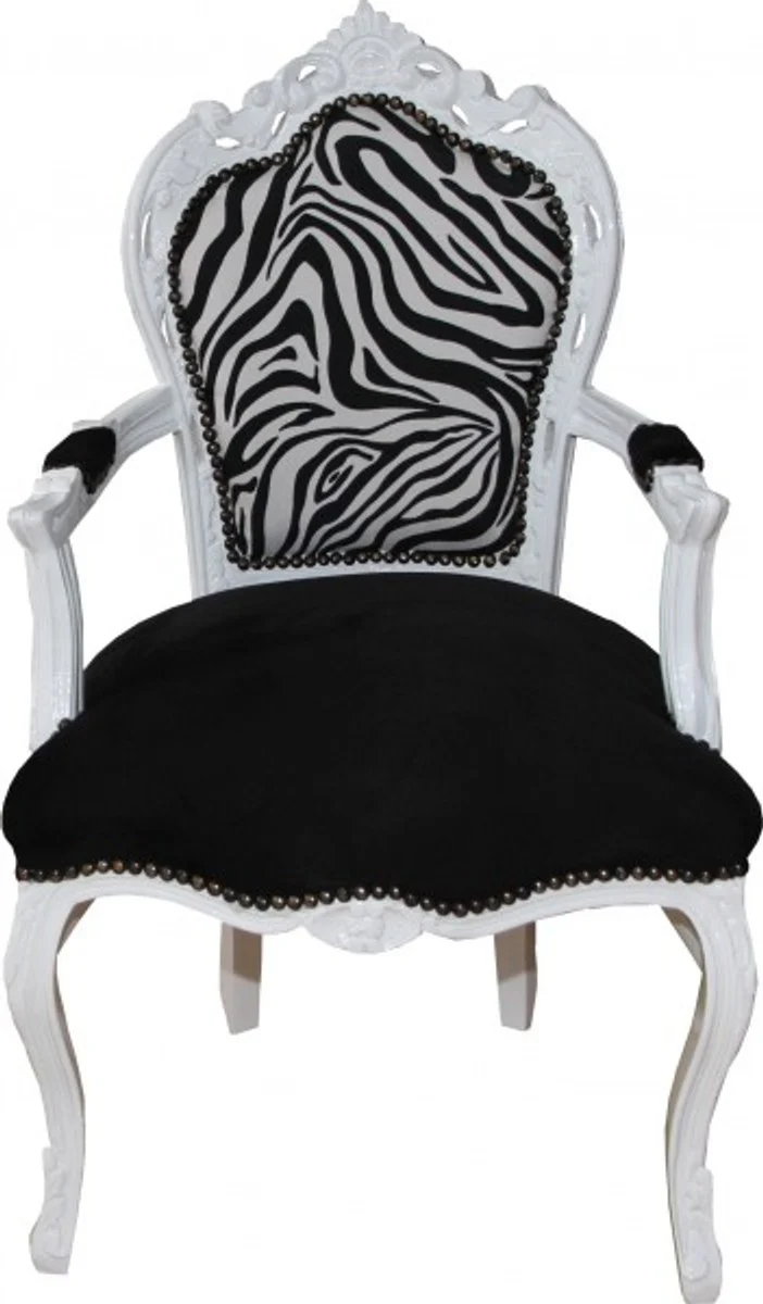 Barock Esszimmer Stuhl Schwarz / Zebra /Weiss mit Armlehnen - Limited Edition