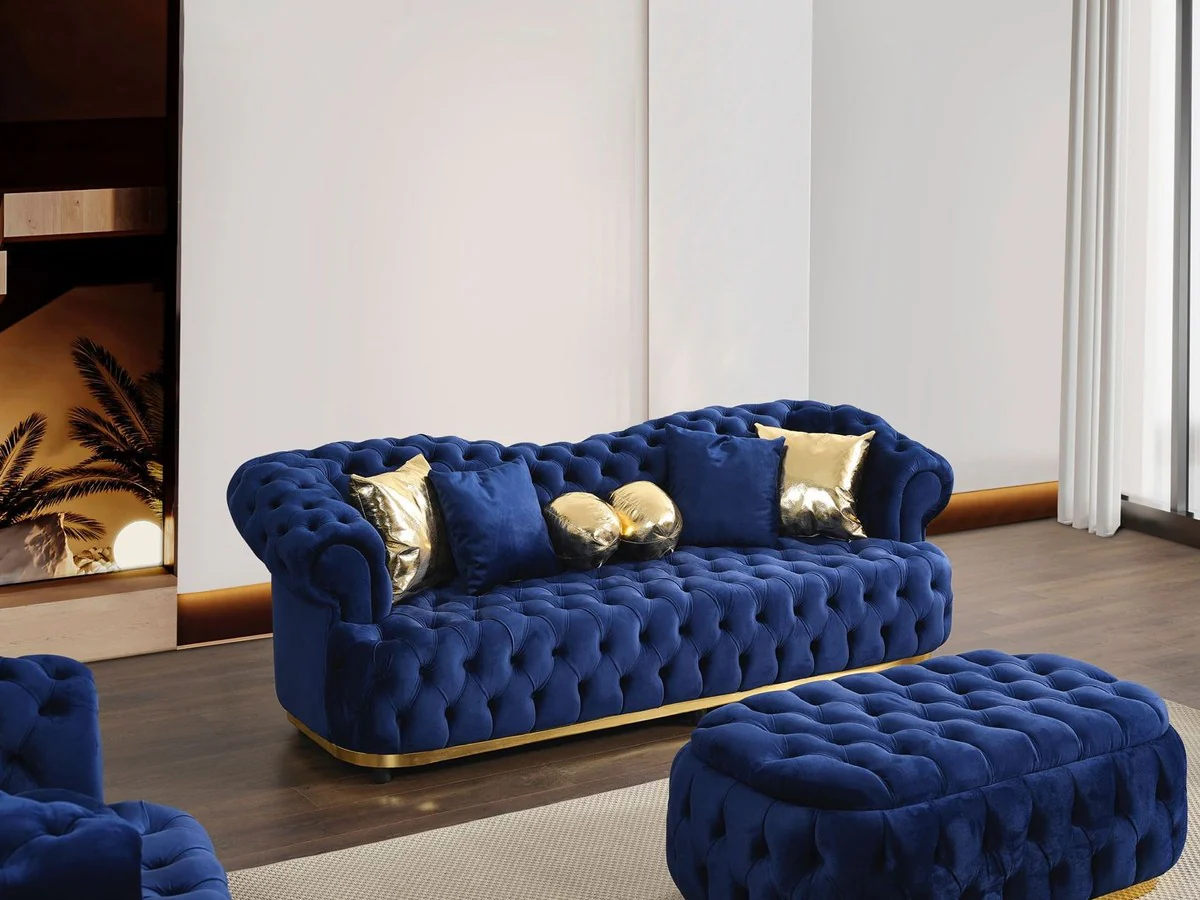 Luxus Chesterfield Samt Hocker Blau / Gold 110 cm