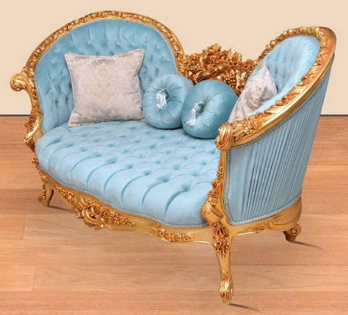 Barock Sofa Hellblau / Gold - Handgefertigtes Wohnzimmer Sofa im Barockstil - Prunkvolle Barock Wohnzimmer Möbel