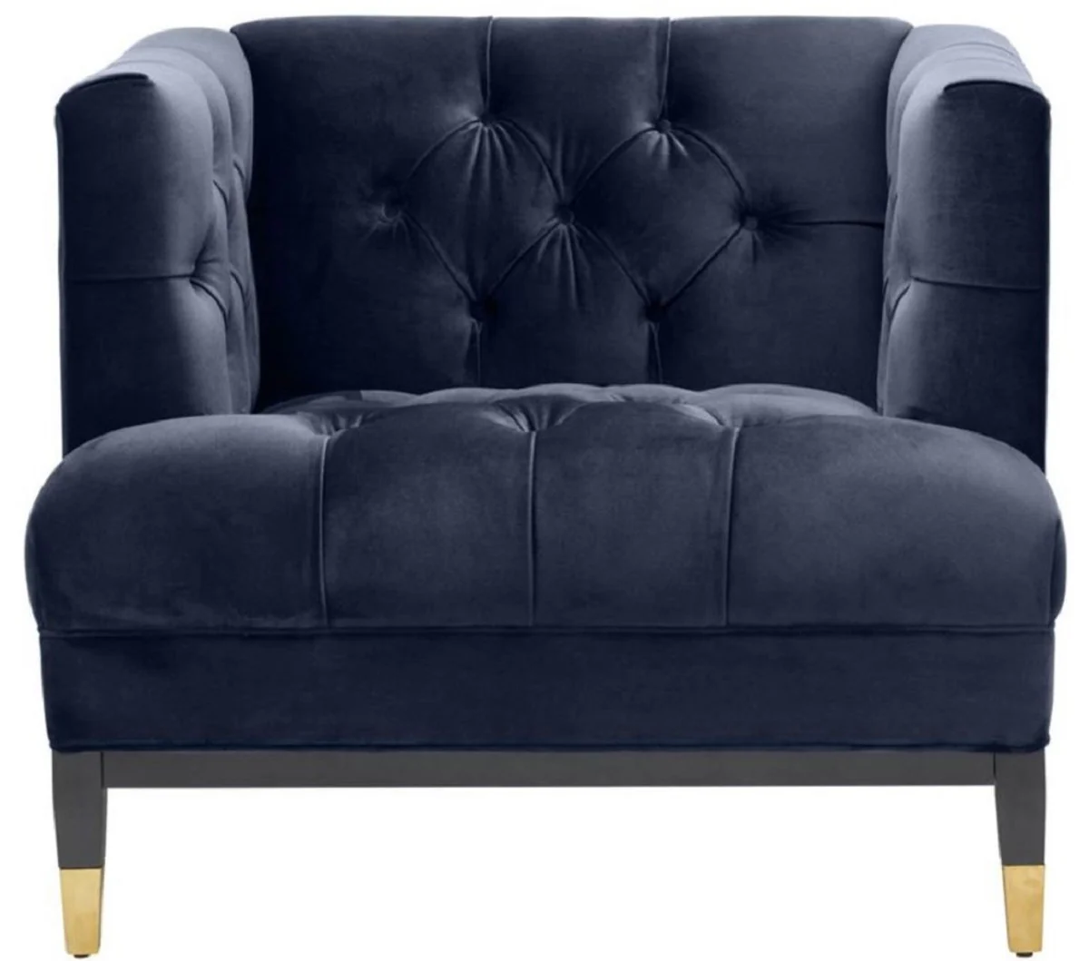 Luxus Wohnzimmer Sessel Mitternachtsblau / Schwarz / Messingfarben 93 x 85 x H. 79 cm - Chesterfield Möbel