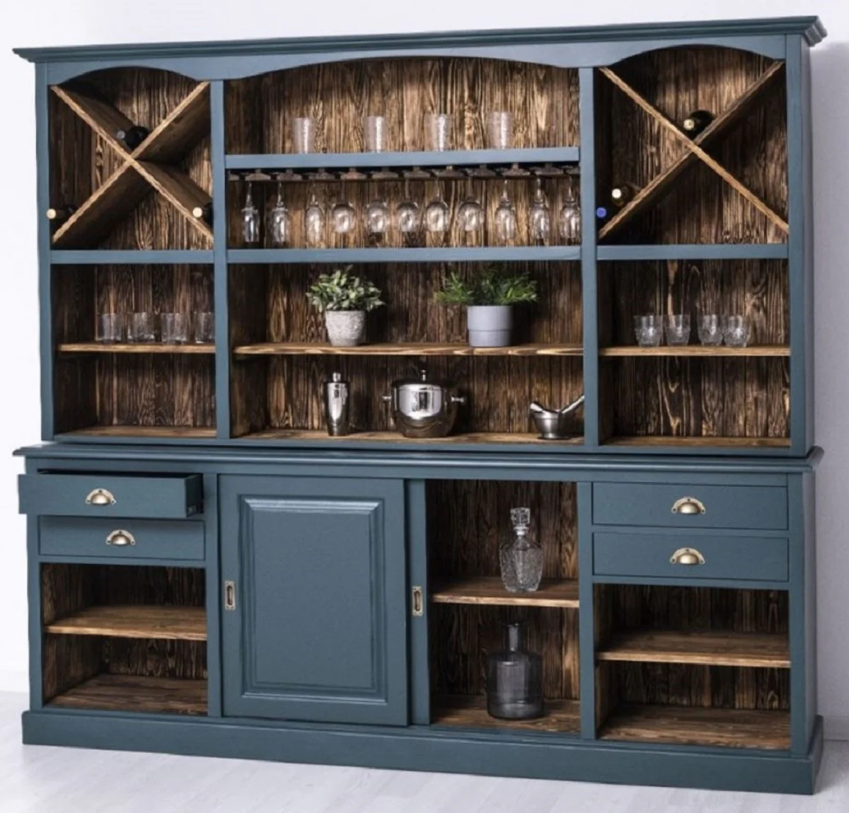 Landhausstil Barschrank Blau / Dunkelbraun 240 x 50 x H. 210 cm - Massivholz Weinschrank im Landhausstil - Landhausstil Möbel - Bar Möbel im Landhausstil - Landhausstil Einrichtung