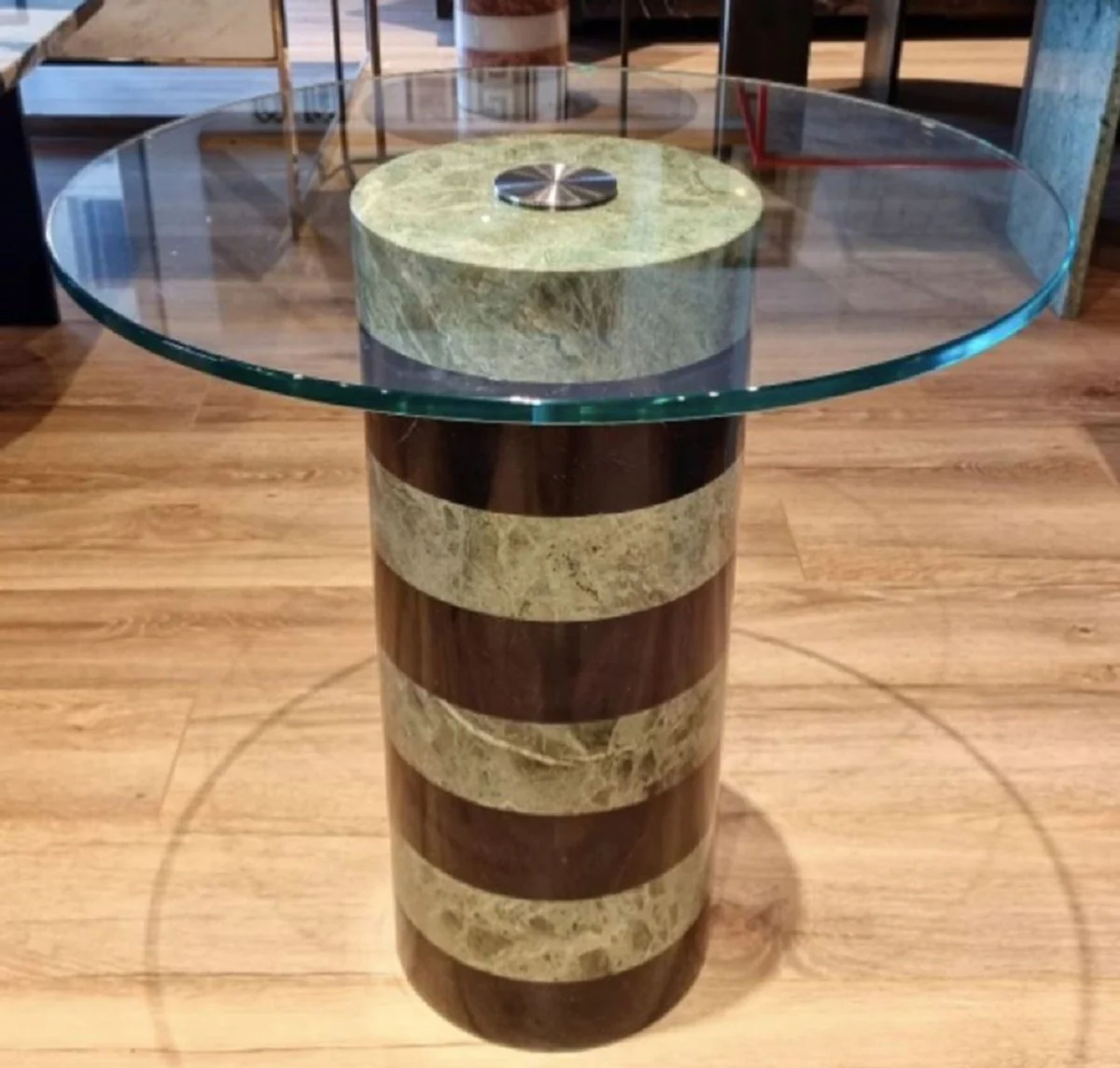 Luxus Beistelltisch Schwarz / Grau Ø 48 x H. 50 cm - Runder Marmor Tisch mit Glasplatte - Wohnzimmer Möbel - Luxus Möbel - Marmor Möbel - Luxus Einrichtung - Wohnzimmer Einrichtung