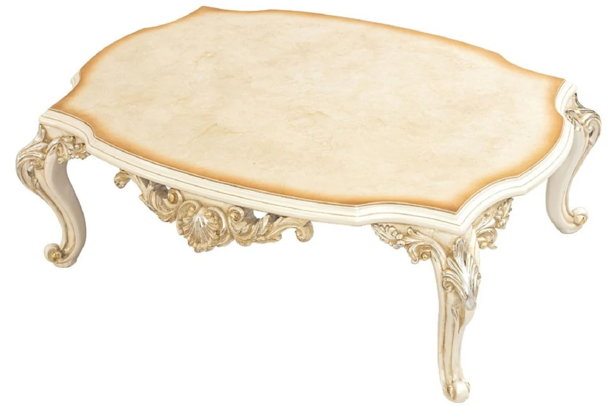 Luxus Barock Couchtisch Braun / Weiß / Gold / Silber - Handgefertigter Massivholz Wohnzimmertisch im Barockstil - Barock Möbel - Edel & Prunkvoll