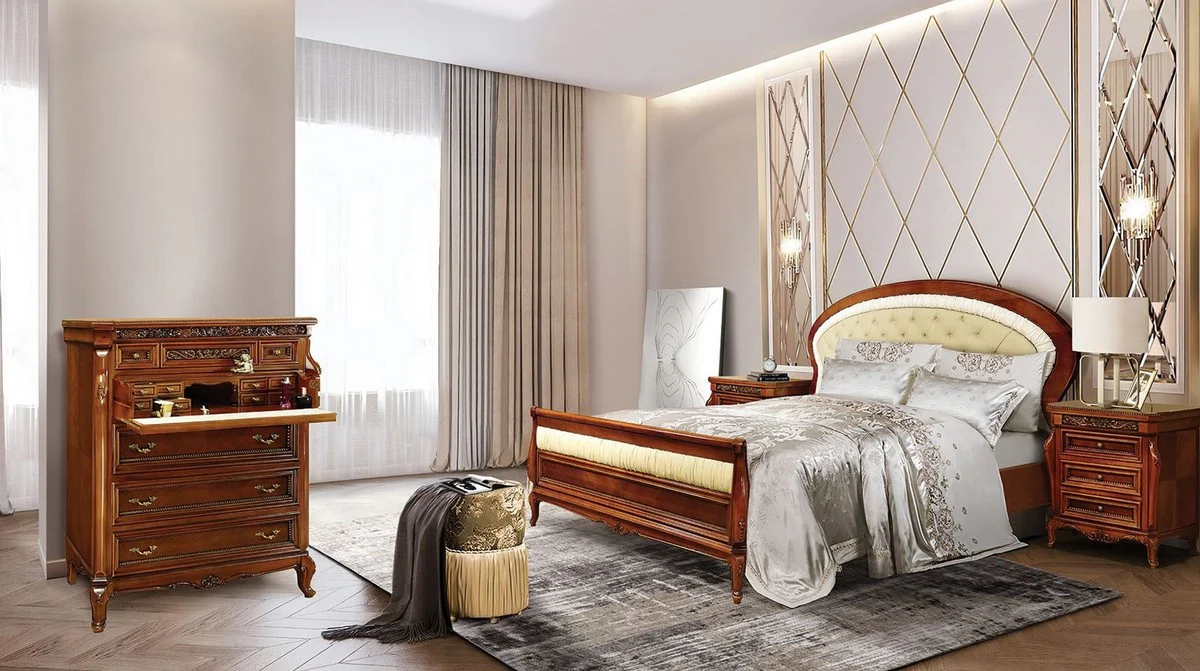 Luxus Barock Kommode Braun / Creme / Messing - Prunkvolle Barockstil Schlafzimmer Kommode - Luxus Schlafzimmer Möbel im Barockstil - Barock Schlafzimmer Möbel