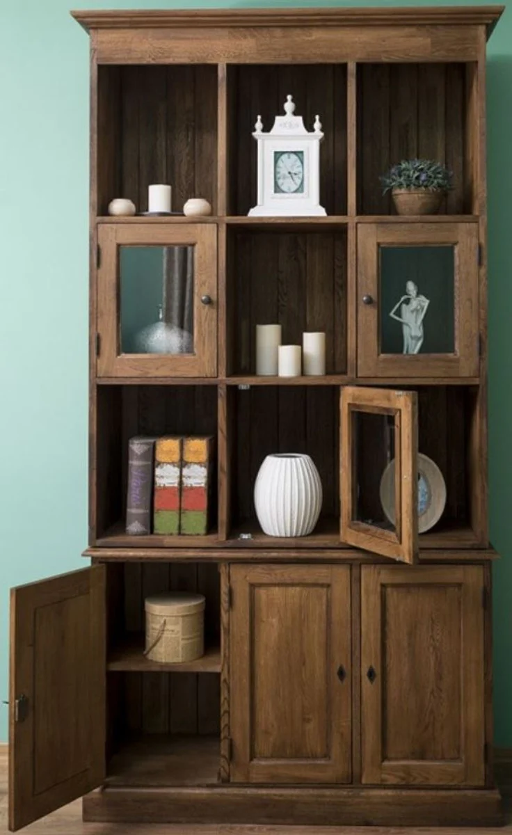 Landhausstil Schrank Braun 130 x 50 x H. 240 cm - Massivholz Wohnzimmerschrank mit 6 Türen - Landhausstil Wohnzimmer Möbel