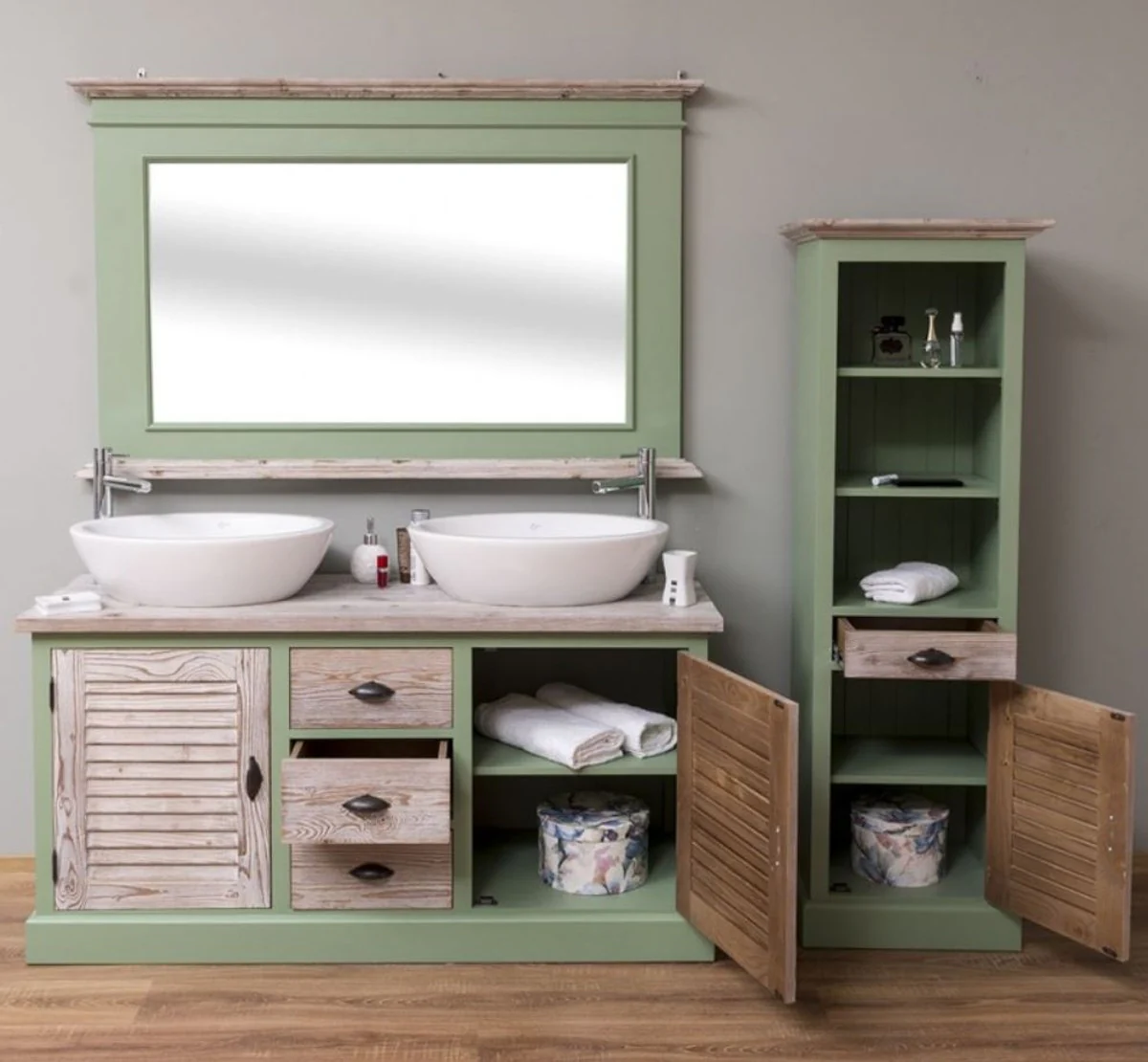 Landhausstil Badezimmer Set Grün / Naturfarben - 1 Doppelwaschtisch & 1 Wandspiegel & 1 Regalschrank - Massivholz Badezimmer Möbel im Landhausstil