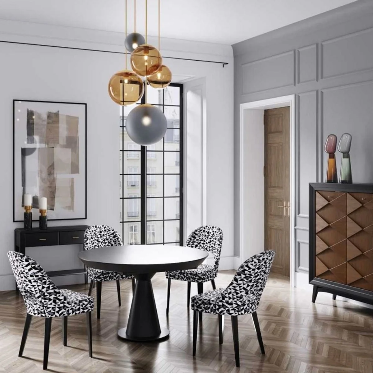 Luxus Art Deco Esszimmer Stuhl 6er Set Weiß / Grau / Schwarz 49 x 61 x H. 89 cm - Art Deco Küchenstühle mit Muster - Esszimmer Möbel - Luxus Möbel - Art Deco Möbel - Luxus Einrichtung