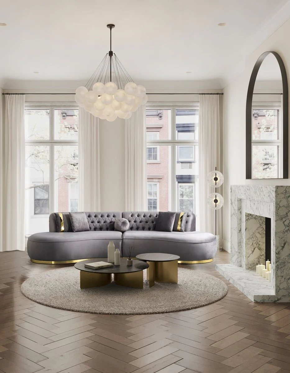 Luxus Samt 4er Sofa Grau / Gold 330 x 120 x H. 76 cm - Wohnzimmer Sofa mit edlem Samtstoff - Wohnzimmer Möbel - Luxus Möbel - Wohnzimmer Einrichtung - Luxus Einrichtung