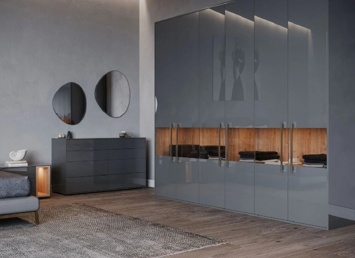 Luxus Schlafzimmerschrank Grau / Naturfarben 275 x 59,6 x H. 244 cm - Massivholz Kleiderschrank mit 6 Türen - Schlafzimmer Möbel - Hotel Möbel - Luxus Möbel