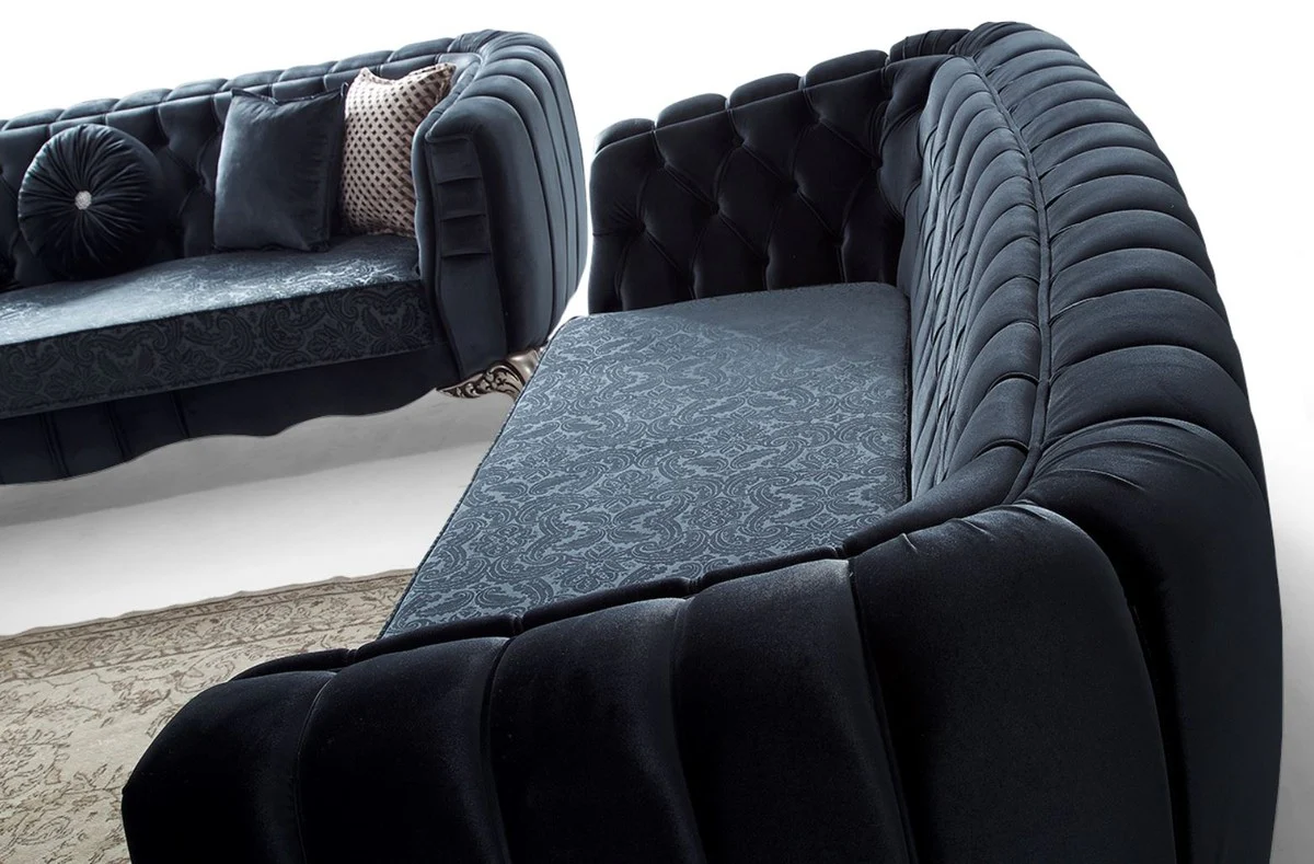 Luxus Barock Sofa Blau / Silber 235 x 103 x H. 82 cm - Barockstil Wohnzimmer Sofa mit dekorativen Kissen - Barock Wohnzimmer Möbel