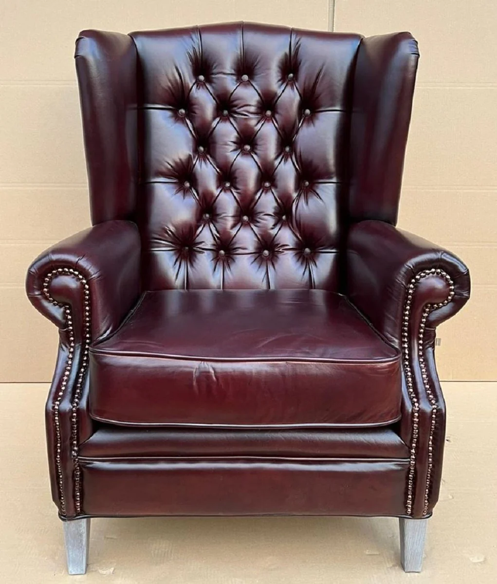 Luxus Chesterfield Ohrensessel Weinrot / Grau 90 x 90 x H. 110 cm - Echtleder Chesterfield Wohnzimmer Sessel - Wohnzimmer Möbel - Chesterfield Möbel - Luxus Möbel
