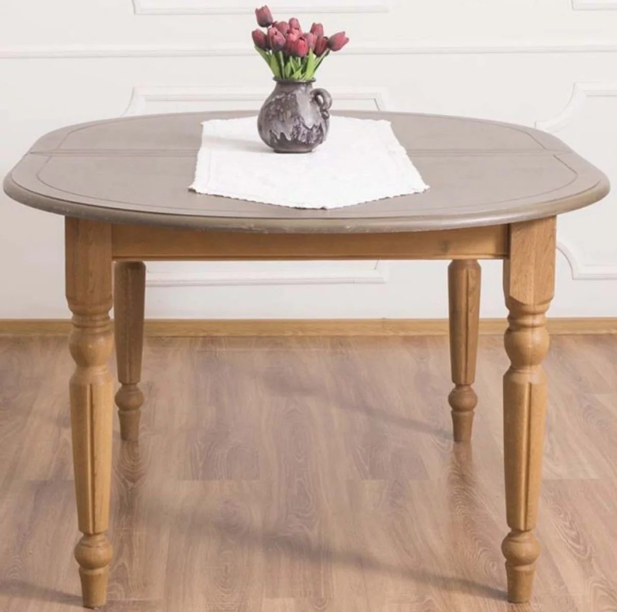 Landhausstil Esstisch Grau / Hellbraun 160 x 120 x H. 78 cm - Ovaler massivholz Küchentisch mit Eichenholz Tischplatte