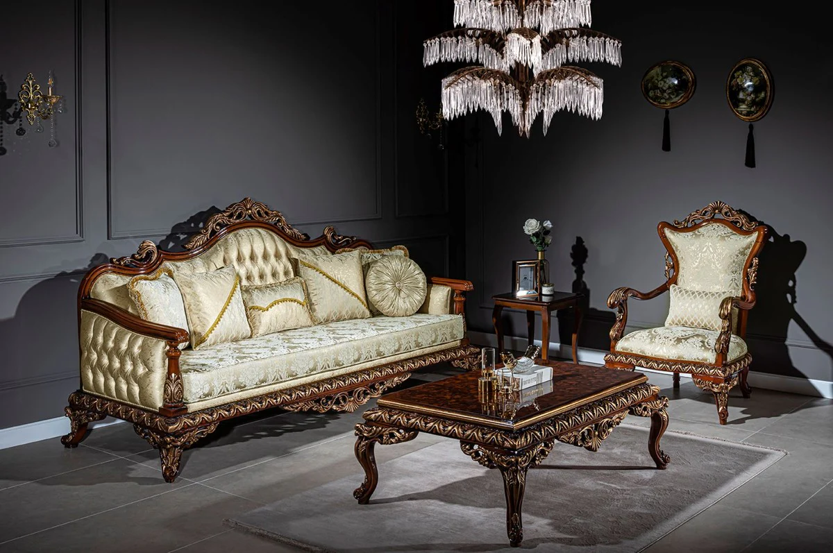 Luxus Barock Couchtisch Braun / Bronze 133 x 90 x H. 48 cm - Massivholz Wohnzimmertisch mit edlen Verzierungen - Wohnzimmer Möbel im Barockstil
