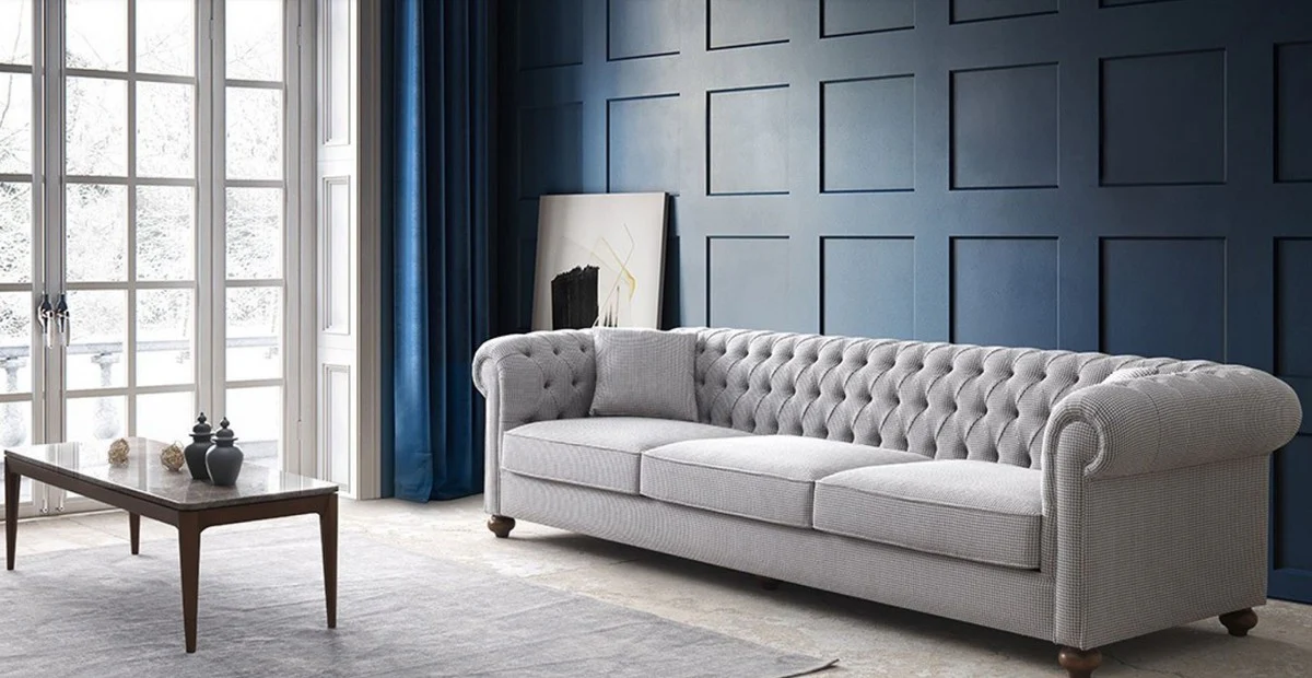 Luxus Chesterfield Sofa Grau / Braun 300 x 100 x H. 77 cm - Wohnzimmer Sofa - Hotel Sofa - Wohnzimmer Möbel - Chesterfield Möbel - Luxus Möbel - Luxus Einrichtung