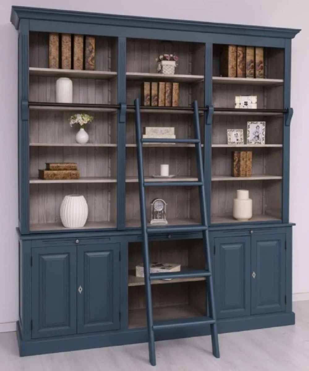 Landhausstil Bücherschrank mit Leiter Blau / Grau 229 x 51 x H. 244 cm - Massivholz Schrank - Wohnzimmerschrank - Regalschrank - Büroschrank - Landhausstil Möbel