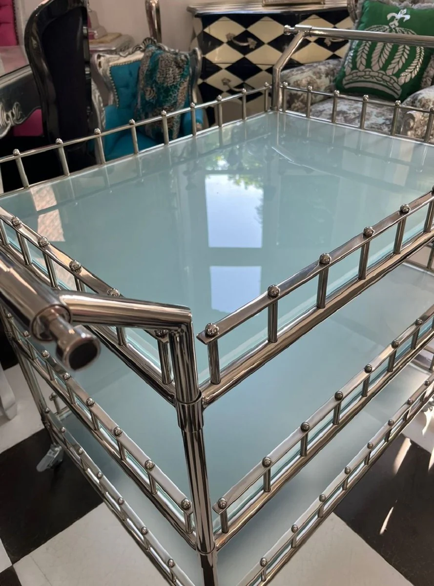 Luxus Trolley Silber 102 x 71,5 x H. 90,5 cm - Edelstahl Servierwagen mit Glasplatten - Hotel Restaurant Gastronomie Trolley - Hotel & Restaurant Accessoires