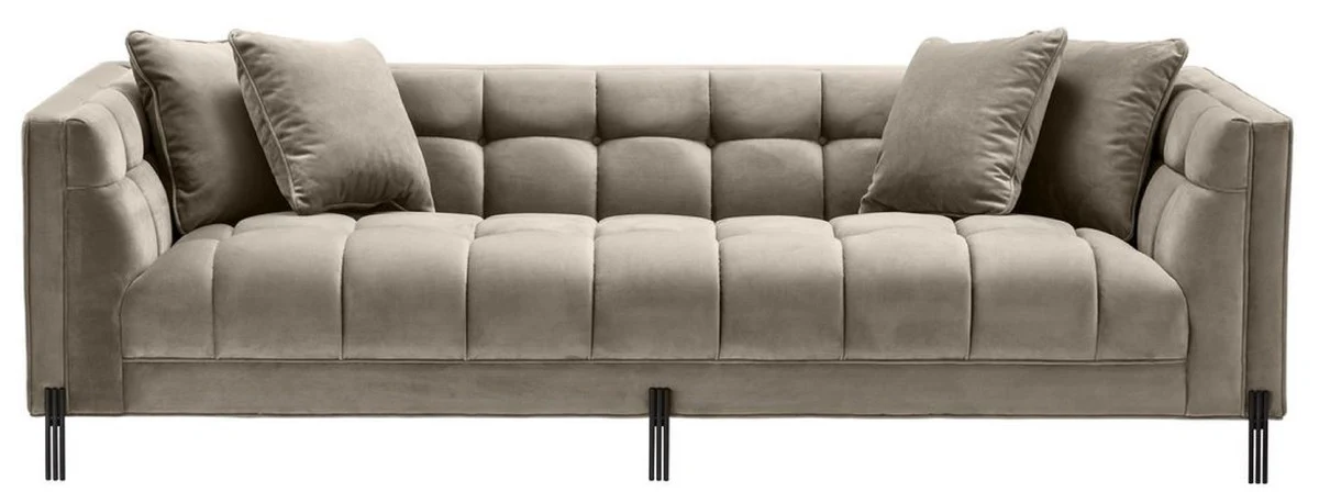 Luxus Samt Sofa mit 4 Kissen Greige / Schwarz 231 x 95 x H. 68 cm - Wohnzimmer Sofa - Luxus Qualität