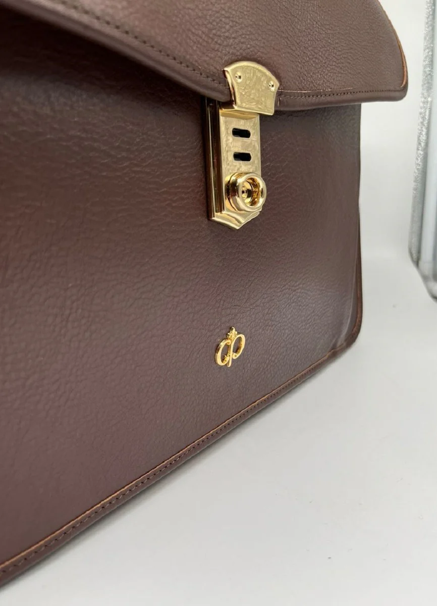 Luxus Echtleder Herren Aktentasche Dunkelbraun / Gold 42 cm - Made in Italy